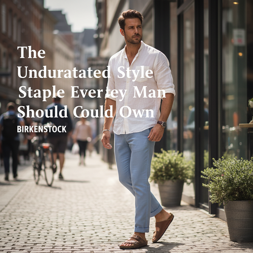 Men’s Birkenstock sandals displayed as a timeless style staple with the title text ‘The Underrated Style Staple Every Man Should Own’.