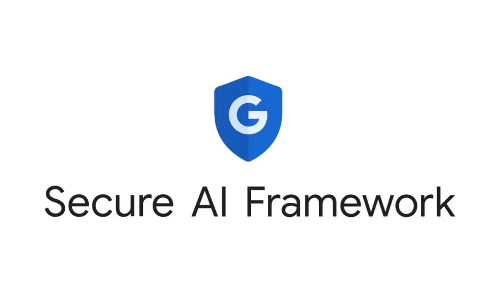 A blue shield with a white "G" in the center above the text "Secure AI Framework" on a white background.