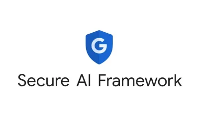 A blue shield with a white "G" in the center above the text "Secure AI Framework" on a white background.