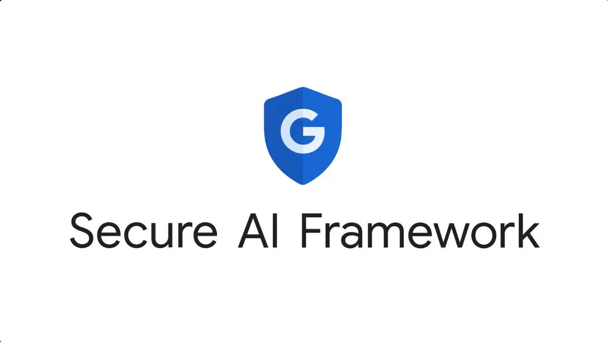 A blue shield with a white "G" in the center above the text "Secure AI Framework" on a white background.