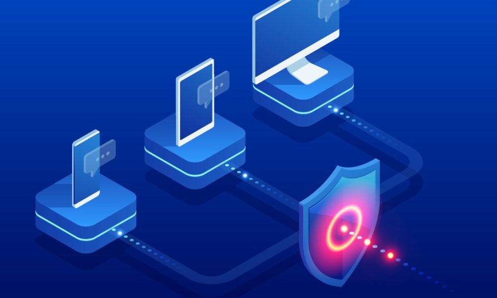 Illustration of a secure network with multiple devices (phone, tablet, computer) connected, protected by a glowing shield icon.