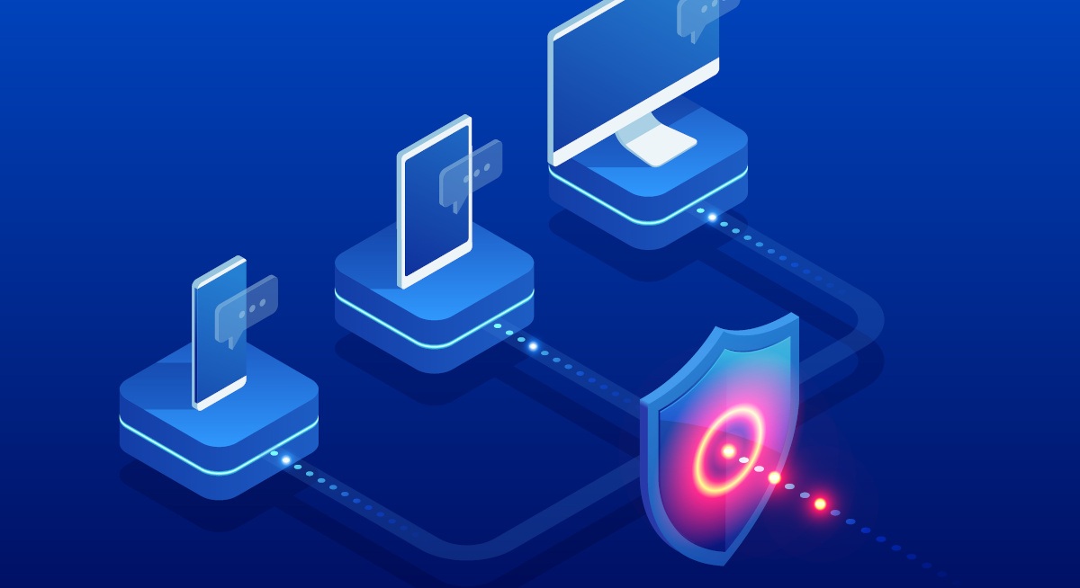 Illustration of a secure network with multiple devices (phone, tablet, computer) connected, protected by a glowing shield icon.