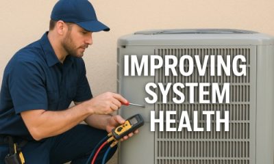 HVAC technician performing maintenance on an outdoor air conditioning unit to improve system health and efficiency.