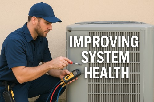 HVAC technician performing maintenance on an outdoor air conditioning unit to improve system health and efficiency.