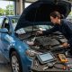 Mechanic checking a car's cooling system, tyres and battery during summer maintenance